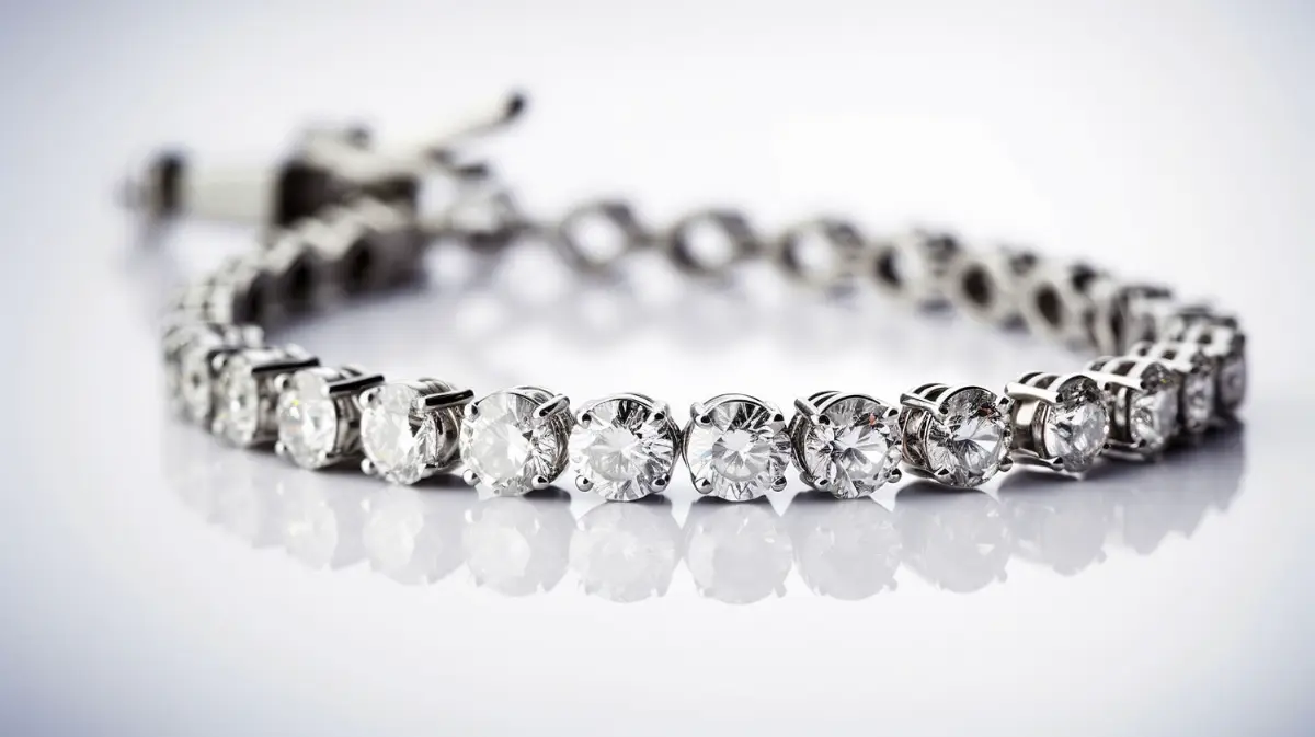 Ein funkelndes Armband aus Silber, besetzt mit vielen runden, klaren Zirkonia, die im Licht glitzern, auf einem hellen Hintergrund.
