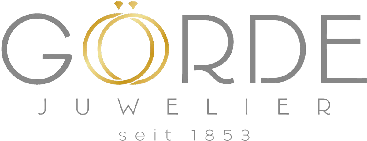 Das Logo von Görde Juwelier zeigt den Namen in stilisierten Buchstaben, mit zwei goldenen Ringen als Designelement und der Jahreszahl 1853.