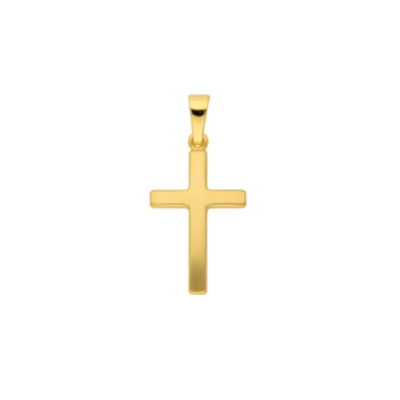 Ein schlichtes, goldenes Kreuz als Anhänger, das an einem kleinen Haken hängt. Es hat eine matte und glänzende Oberfläche.