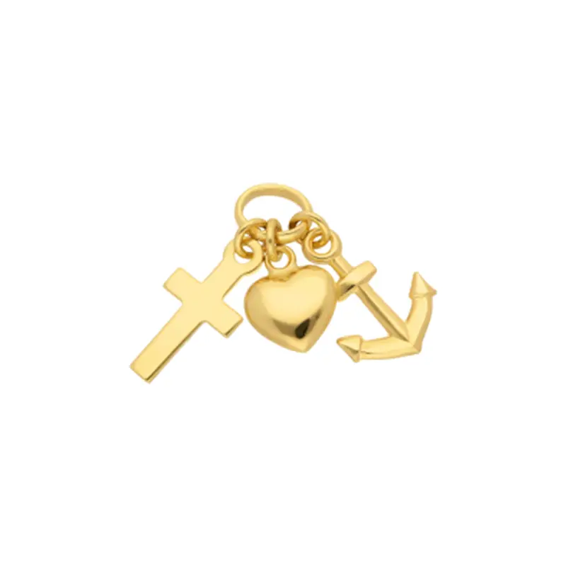Ein goldenes Schmuckstück mit drei Anhängern: einem Kreuz, einem Herz und einem Anker, die miteinander verbunden sind.
