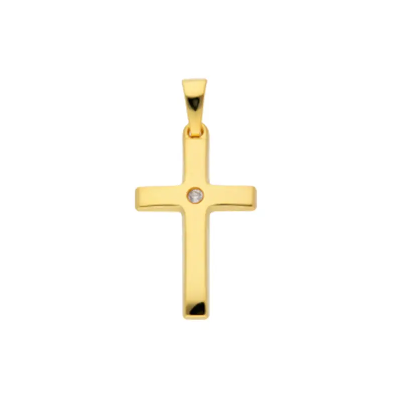 Ein goldfarbener Kreuzanhänger mit einem kleinen, funkelnden Stein in der Mitte und einer Schlaufe zum Anhängen oben.