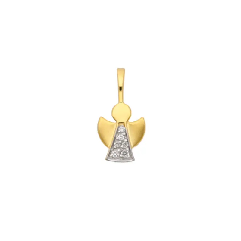 Ein goldenes Schmuckanhänger in Form eines Engels, der mit kleinen, funkelnden Steinen im unteren Bereich verziert ist.